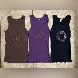 Set of Three Embellished Tank Tops - Purple, Brown, Black